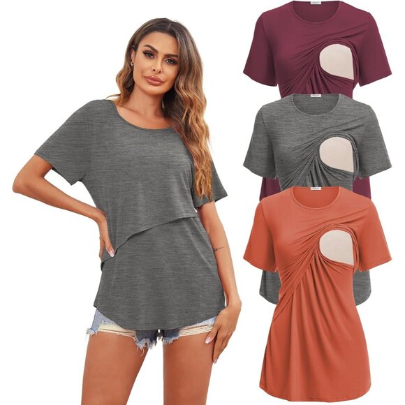 Women's Nursing Tees 3 Pack Short Sleeve Maternity Tops Breathable Soft